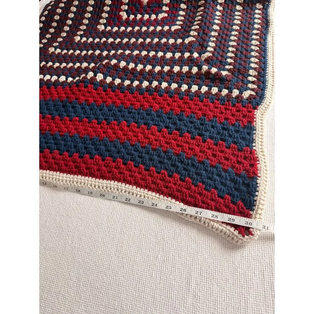 Handmade Crochet Granny Square Lap Throw Blanket Red Blue Cream 30x54